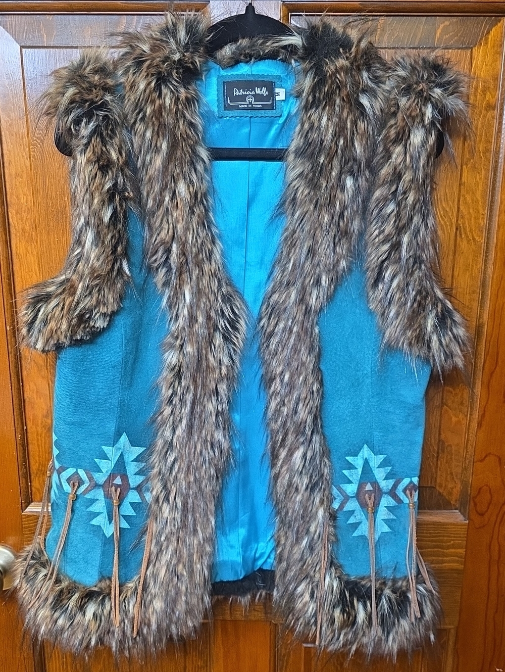 Vintage Patricia Wolf Handcrafted Turquoise Suede Vest with Faux Fur Trim